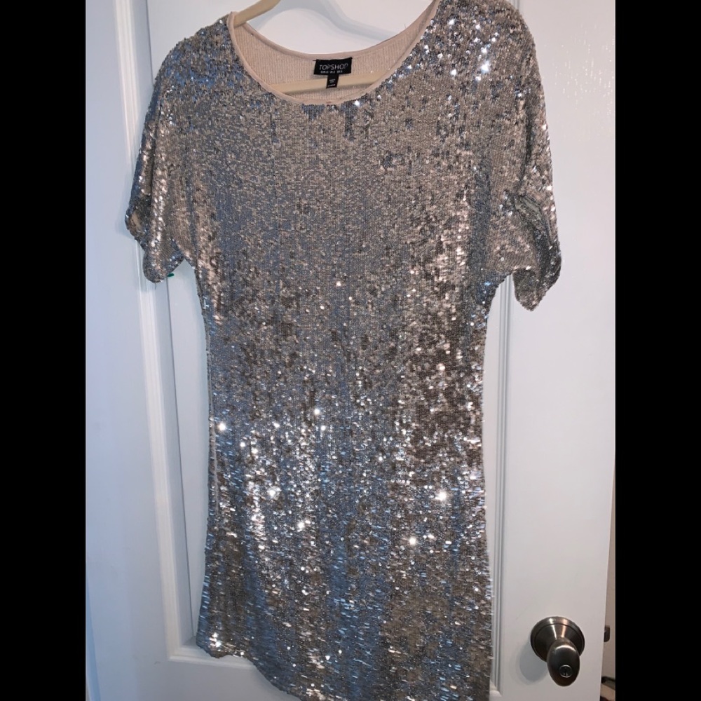 Topshop Silver Sequined Dress Cap Sleeves Size 2